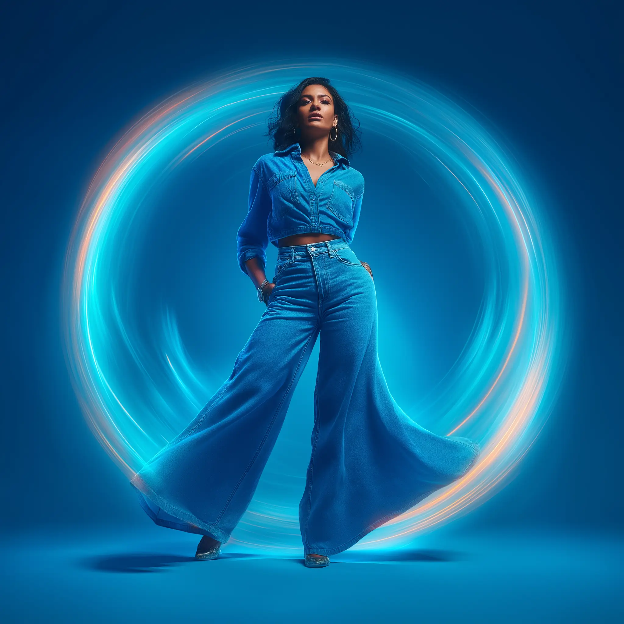 A girl in a blue color Denim kit