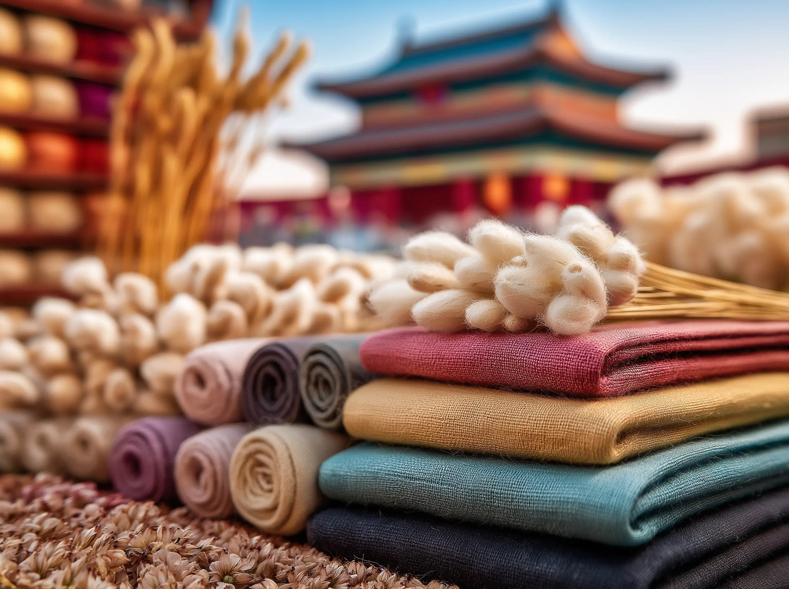 Different type of fabrics folded and stored with a chinese building in the background