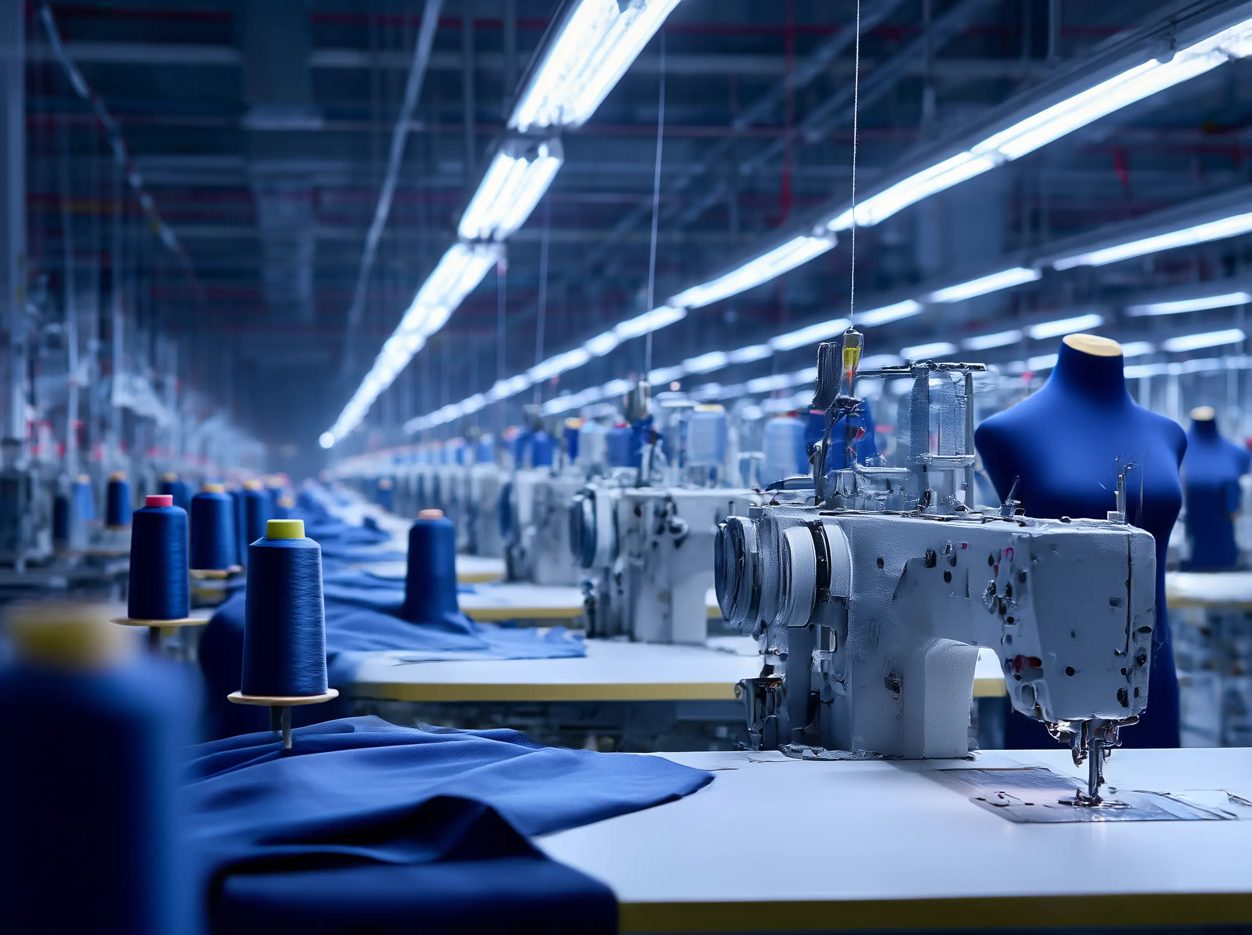 A line of swing machines in side a garment factory