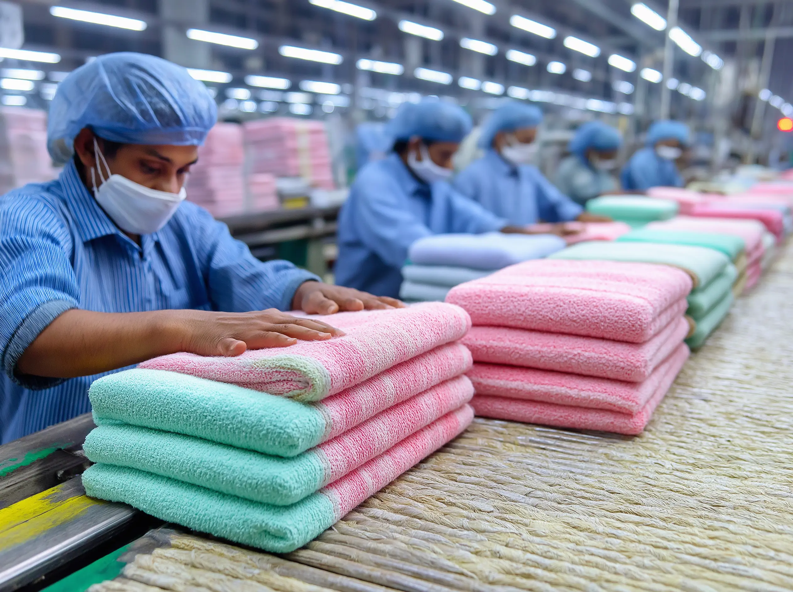 Employees of Comtex folding and packing the manufactured fabrics